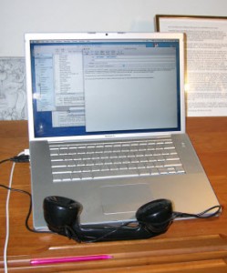 Steve Crandall\'s old Western Electric handset updated with a modern speaker and microphone.  There is a switchable bluetooth/usb link to the MacBook Pro.  Charging is done using a usb connection.  Built 2005.