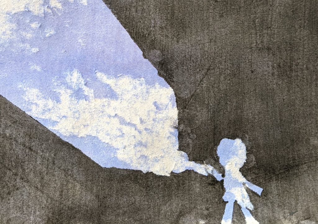 Child's artwork, blue and white abstract figure pulling a blue and white abstract banner across a field of black and gray watercolors.