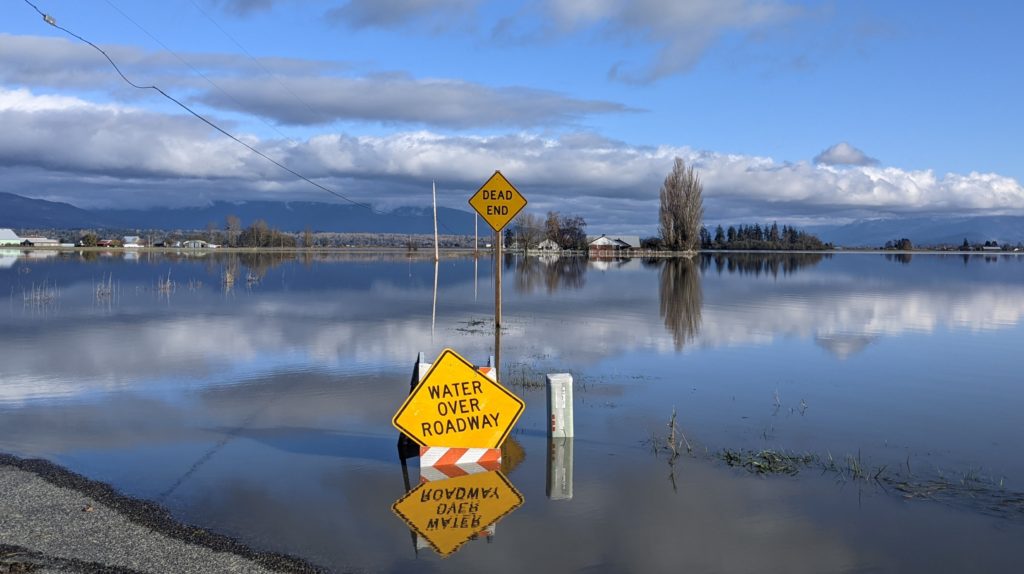 Photograph of yellow warning signsthat says "water over roadway" and "dead end" surrounded by flood waters. Clouds and trees reflected on the water.