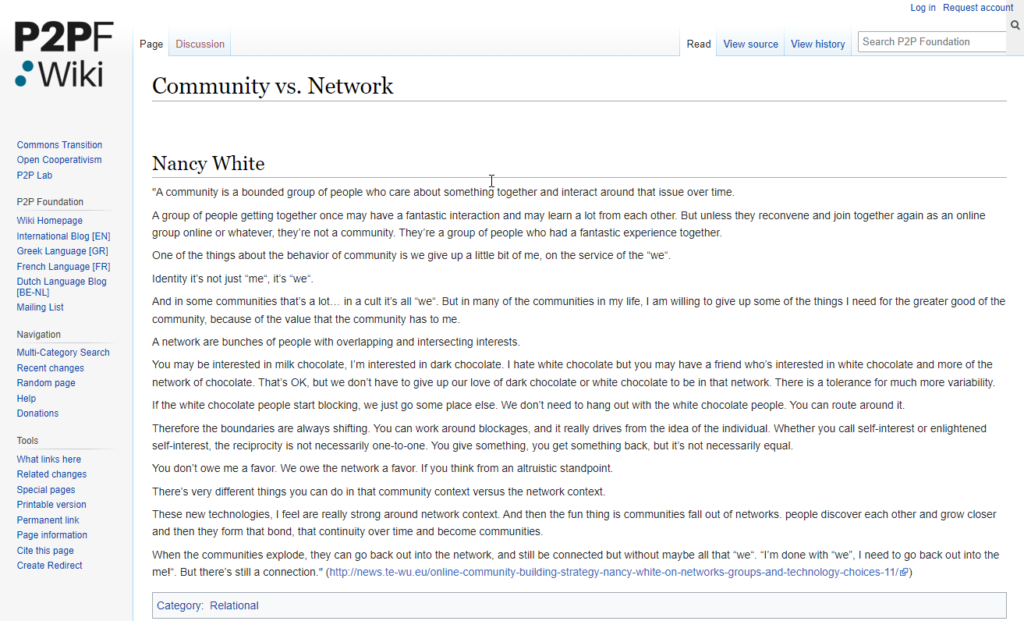 Screen shot of the entry on community vs network on the P2PFWiki