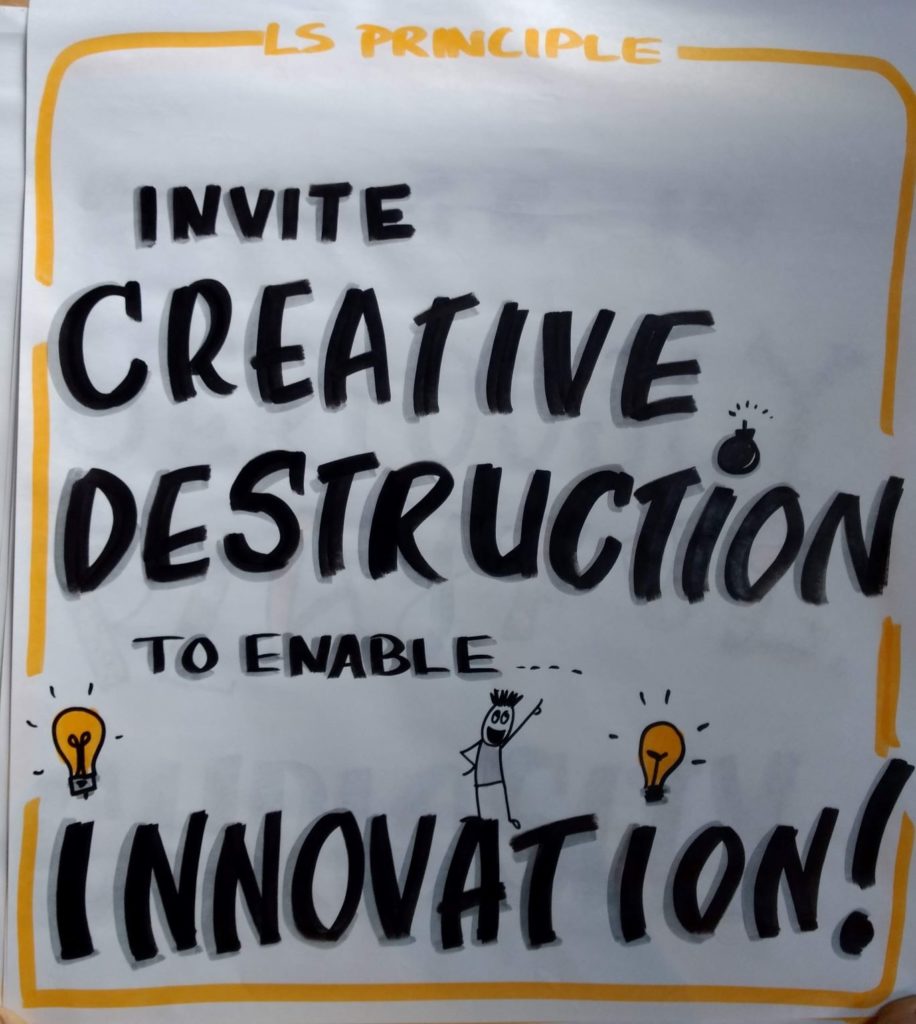 Picture of a flip chart reading "Invite Creatve Destruction to enable innovation"