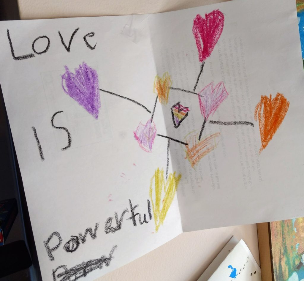 childs drawing of a network of hearts and the caption "love is powerful."