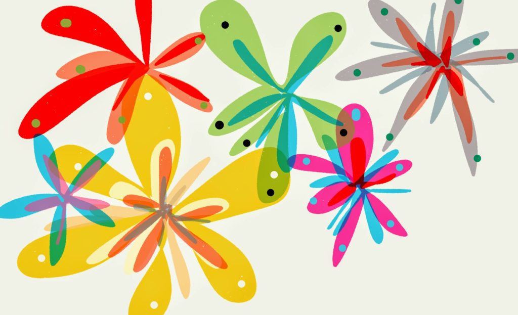 image of 5 colorful imaginary flowers on a light cream background.
